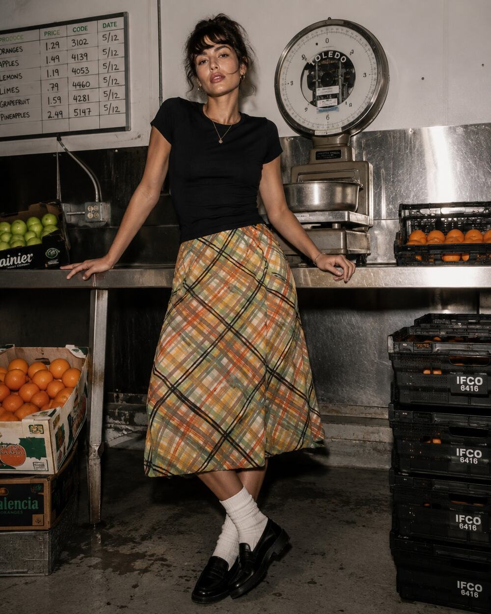 Jaclyn Smith Abstract Plaid A-Line Midi Skirt Orange Green XL Lined